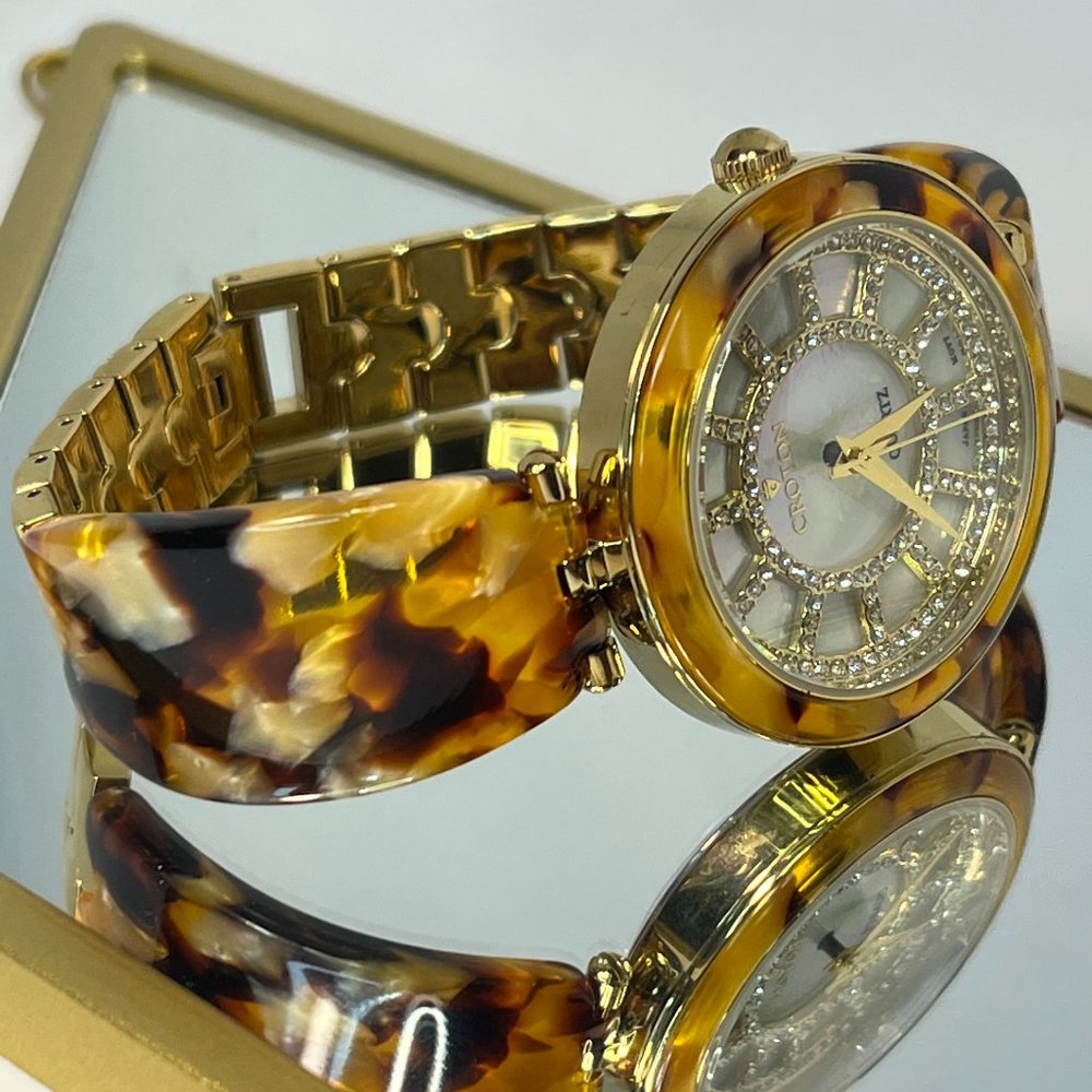 CROTON Watch Ladies Acrylic And Gold Tone Band. Mother Of Pearl Watch Face.
